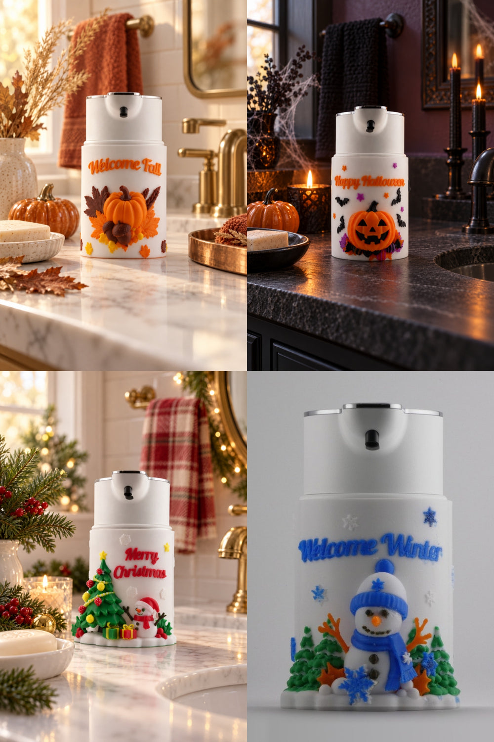 Four Soapy Silhouette soap dispenser covers: Welcome Fall, Happy Halloween, Merry Christmas and Welcome Winter