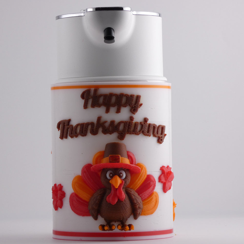 Happy Thanksgiving soap dispenser cover with a pilgrim turkey on a touch-free automatic dispenser in a cozy fall bathroom