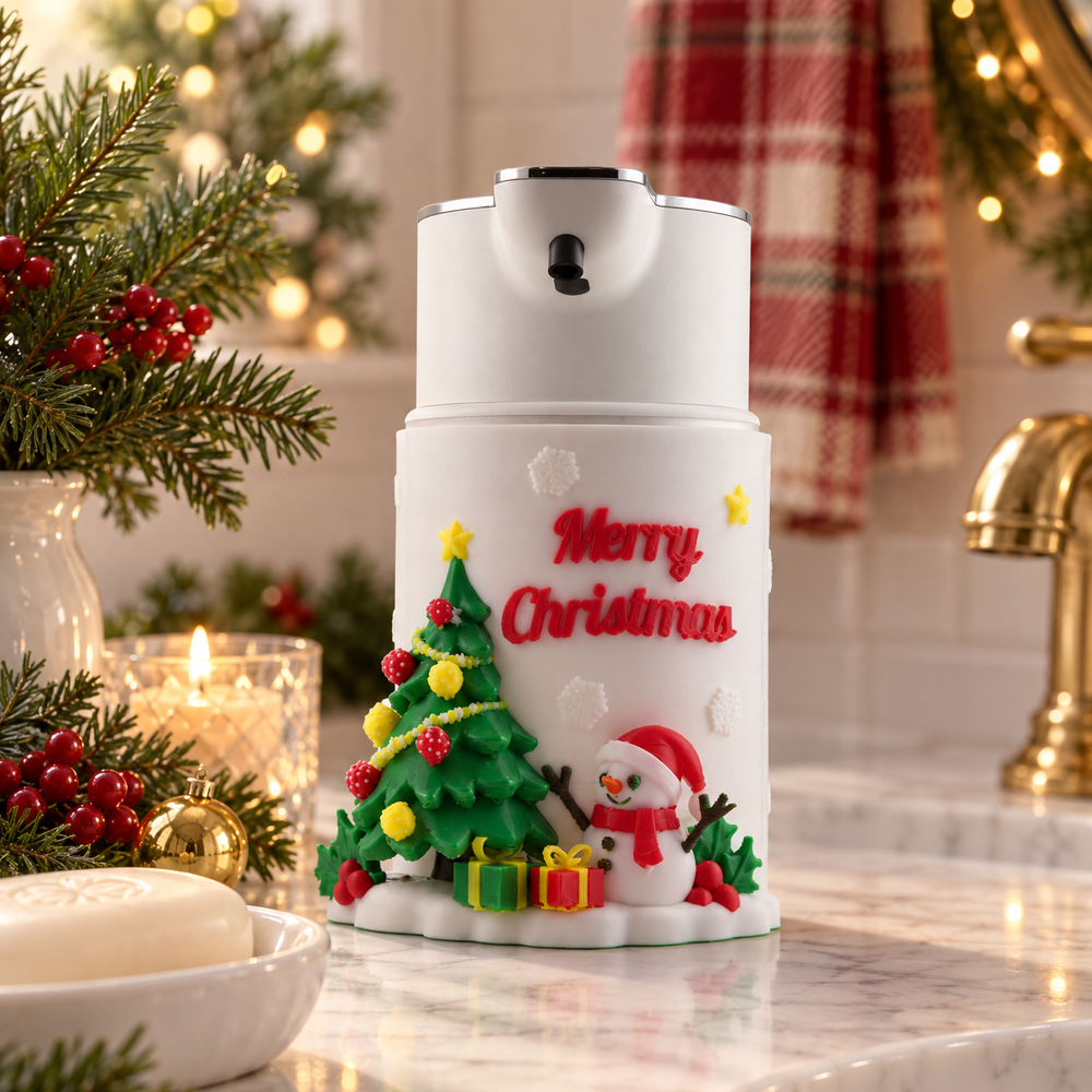 Merry Christmas soap dispenser cover with a decorated tree and gifts on a touch-free automatic dispenser in a festive Christmas bathroom