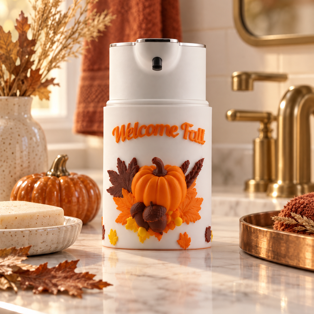 Welcome Fall soap dispenser cover with pumpkin, leaves and acorns on a touch-free automatic dispenser in a cozy fall-decorated bathroom