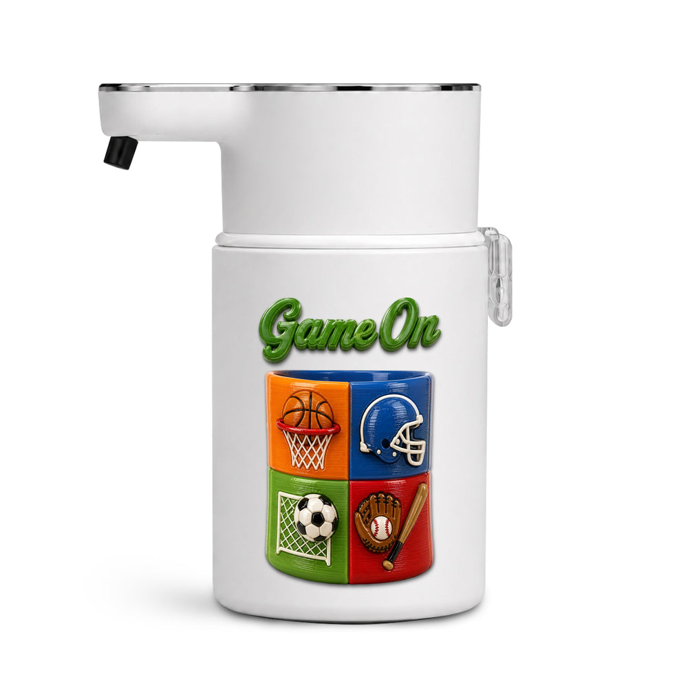 Game On soap dispenser cover - basketball, football helmet, soccer and baseball panels on the touch-free automatic dispenser