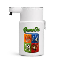 Game On soap dispenser cover - basketball, football helmet, soccer and baseball panels on the touch-free automatic dispenser
