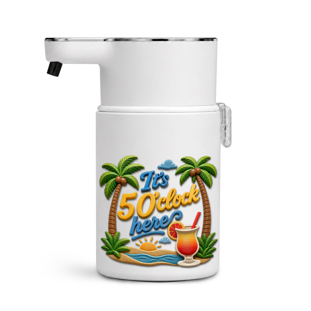 It's Always 5 O'Clock Here! soap dispenser cover with palm trees, a beach sunset and a tropical cocktail on the touch-free automatic dispenser