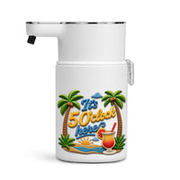 It's Always 5 O'Clock Here! soap dispenser cover with palm trees, a beach sunset and a tropical cocktail on the touch-free automatic dispenser