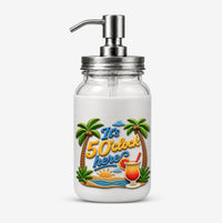It's Always 5 O'Clock Here! soap dispenser cover with palm trees, a beach sunset and a tropical cocktail on the manual mason jar pump