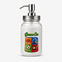 Game On soap dispenser cover - basketball, football helmet, soccer and baseball panels on the manual mason jar pump