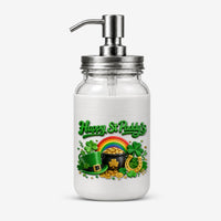 Happy St Paddy's soap dispenser cover - leprechaun hat, pot of gold, rainbow and shamrocks on the manual mason jar pump