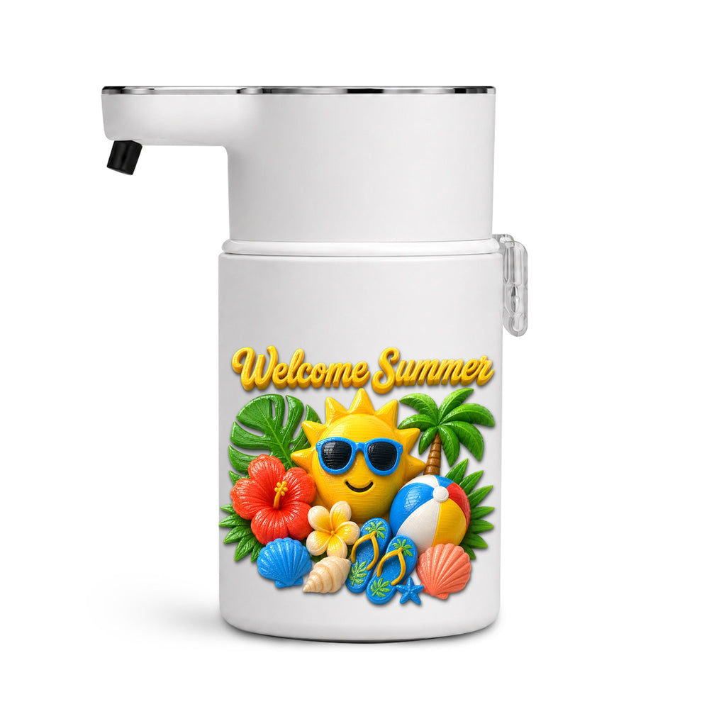 Welcome Summer soap dispenser cover - smiling sun in sunglasses, hibiscus, beach ball and shells on the touch-free automatic dispenser
