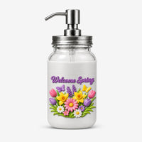 Welcome Spring soap dispenser cover - tulips, daffodils, daisies and butterflies on the manual mason jar pump