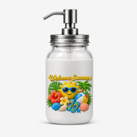 Welcome Summer soap dispenser cover - smiling sun in sunglasses, hibiscus, beach ball and shells on the manual mason jar pump